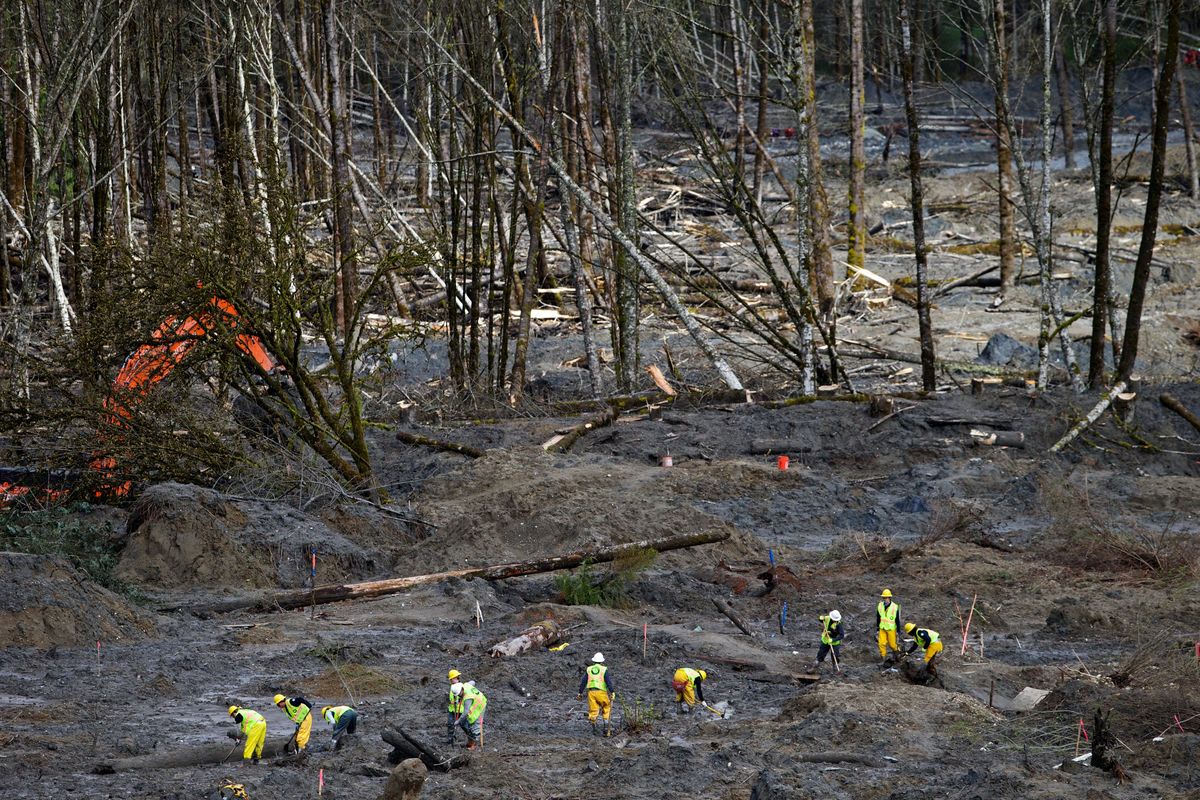 Search and rescue personnel continue the search for bodies buried in mud at the landslide site in Oso, Wash., on Wednesday. (Associated Press)