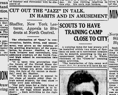 “It will do no good to appeal the class of people older than the high school student, for that class is crazy over jazz already,” Jerome Shaffer told North Central students. (Spokane Daily Chronicle archives)