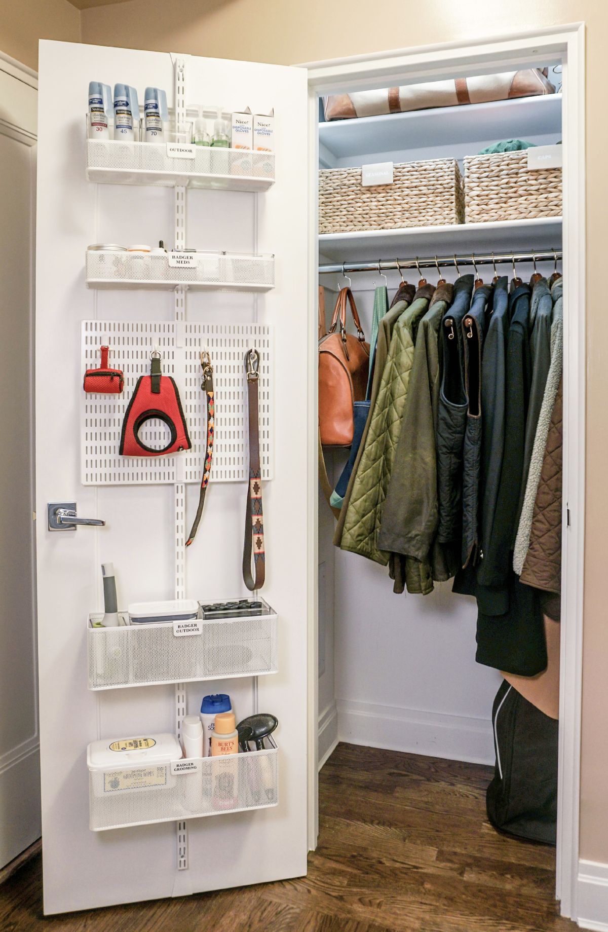 Gathering all the essentials you need for your dog’s daily walk in an easily accessible way by the front door is a simple way to enhance a mundane activity.  (Settled)