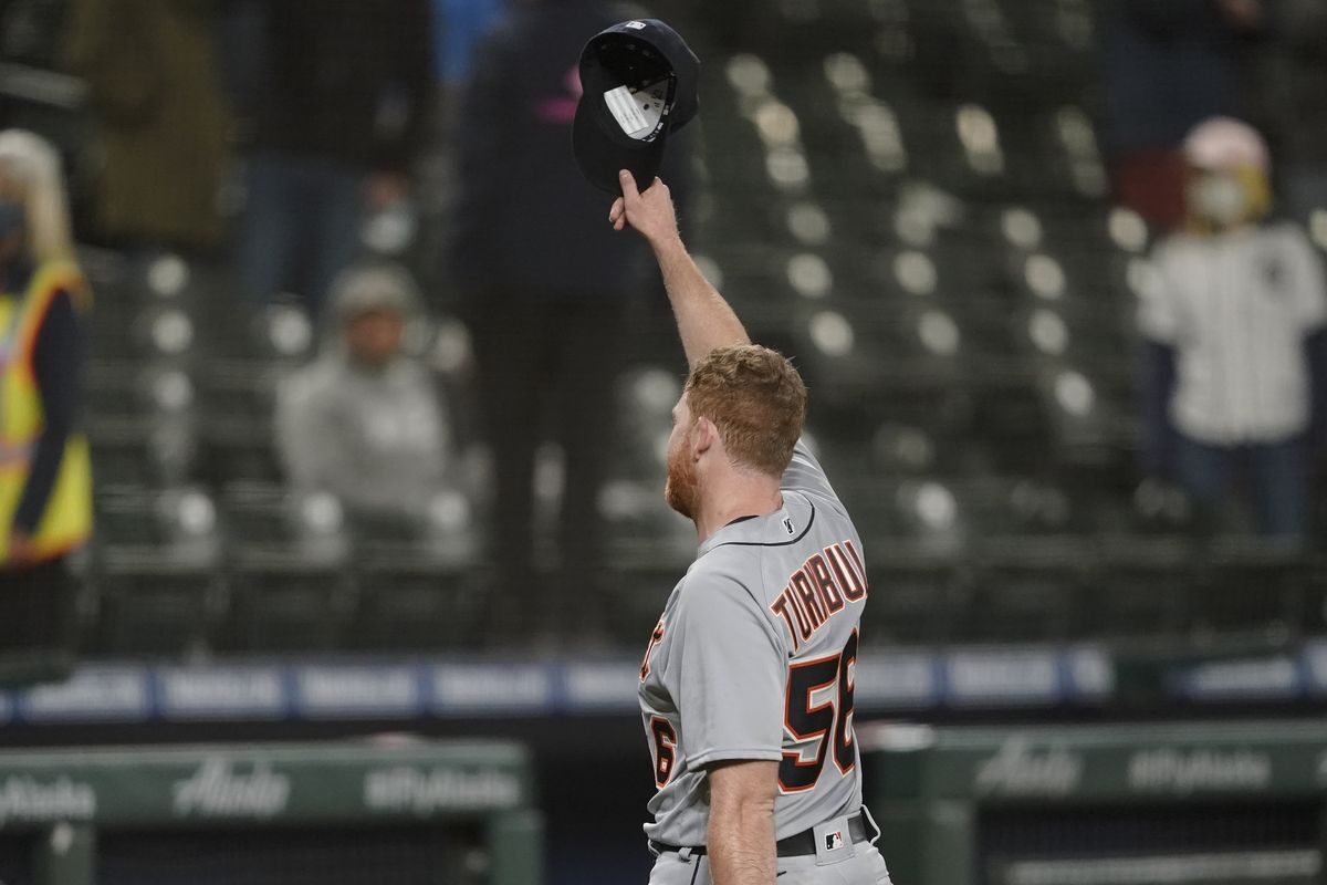 Detroit Tigers starting pitcher Spencer Turnbull tips his cap to the crowd after he threw a no-hitter baseball game against the Seattle Mariners, Tuesday, May 18, 2021, in Seattle. The Tigers won 5-0.  (Associated Press)
