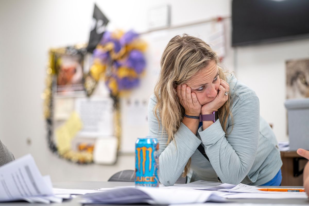 10th grade teacher Katie Kimrey listens as a student asks a question during a practice exam in her English 2 class at Montgomery Central High School in Troy, North Carolina on May 28. MUST CREDIT: Logan Cyrus/For The Washington Post (Logan Cyrus/For The Washington Post)