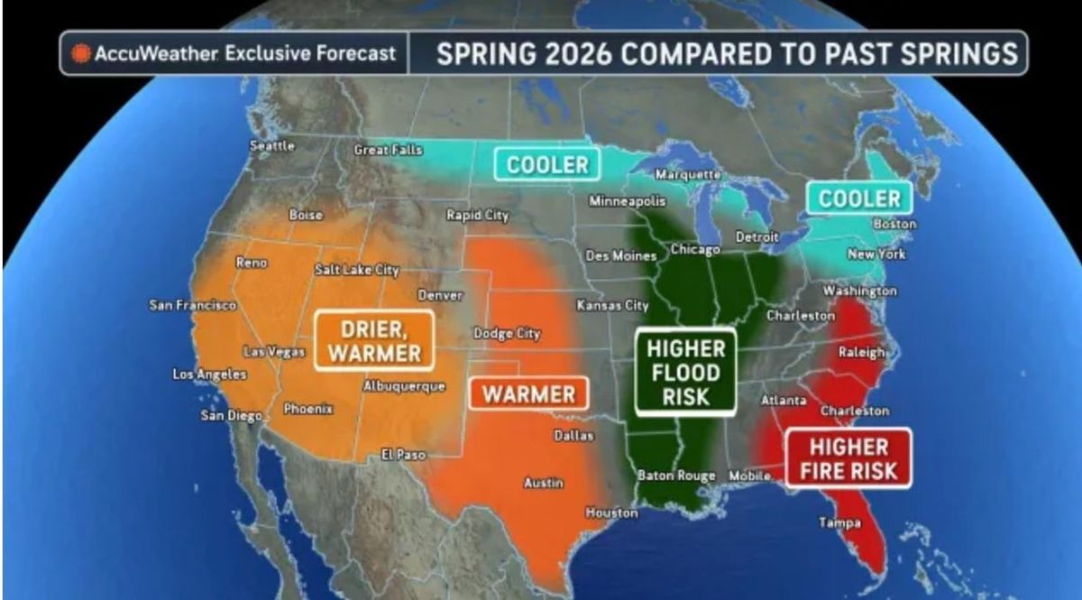 AccuWeather spring 2026 forecast map shows elevated fire risks for the Southeast and mid-Atlantic.  (AccuWeather)