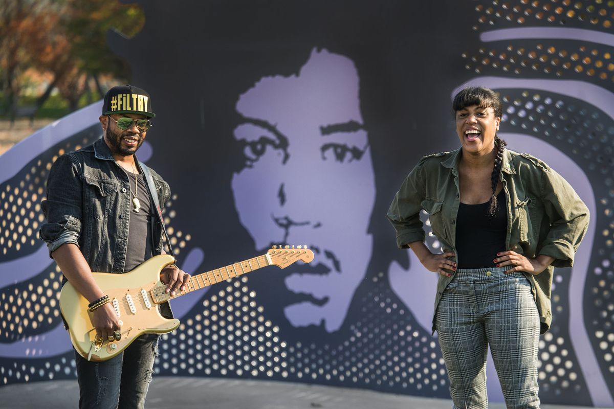 Seattle rockers Ayron Jones, left, and Eva Walker of The Black Tones, shown here at Jimi Hendrix Park in Seattle.  (Steve Ringman/Seattle Times)