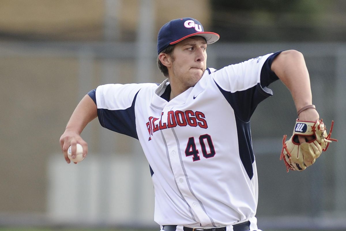 Gonzaga Bulldogs pitcher Daniel Bies (40) delivers a pitch against the Washington State Cougars at the Patterson Baseball Complex. (James Snook / For The Spokesman-Review)