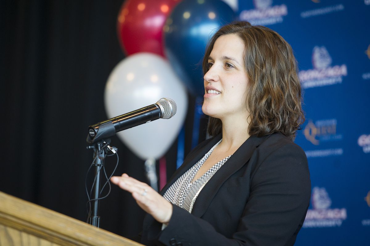 Lisa Mispley Fortier faces the media after being named the head coach of the Gonzaga women’s basketball team. (Colin Mulvany)