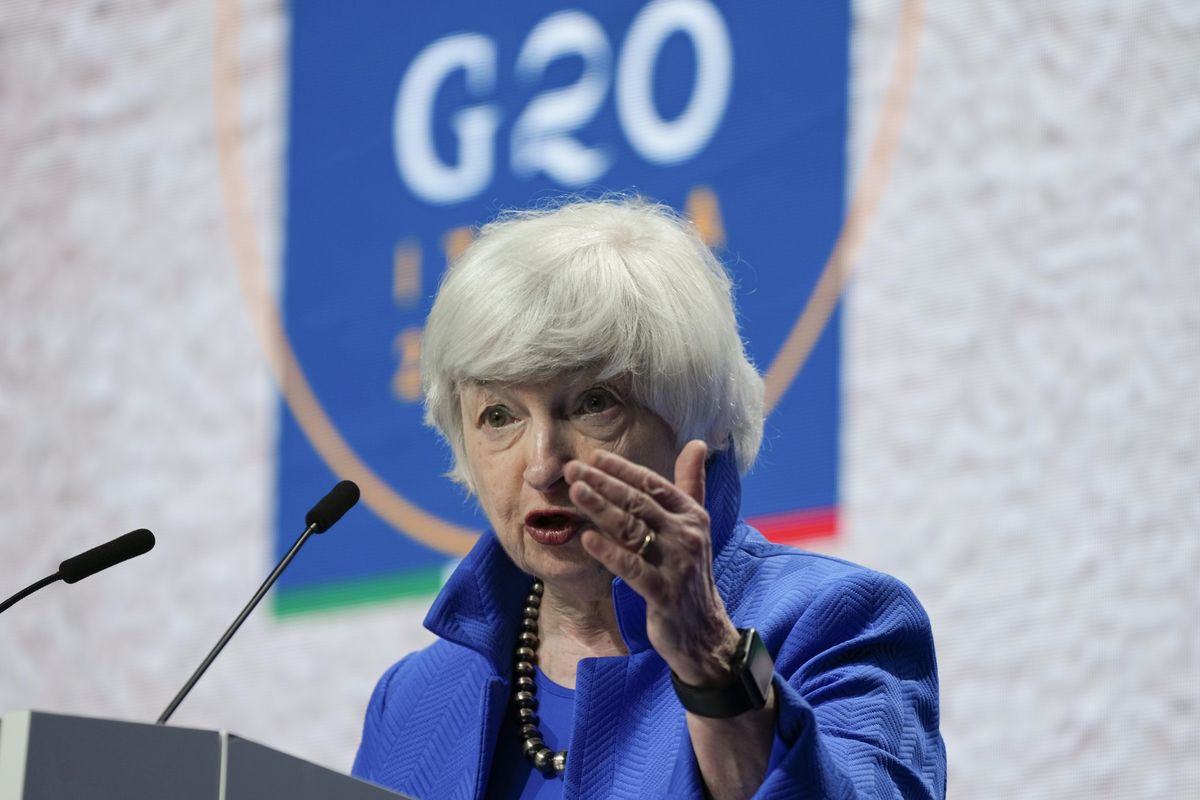 FILE - In this July 11, 2021 file photo, Treasury Secretary Janet Yellen speaks during a press conference at a G20 Economy, Finance ministers and Central bank governors