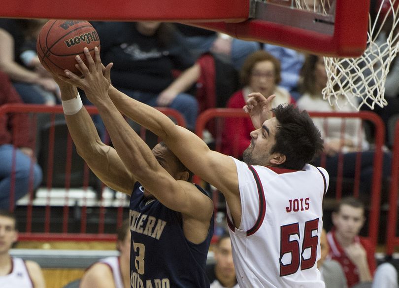 Northern Colorado guard Jordan Wilson (3) and Eastern Washington forward Venky Jois (55) compete for a rebound during the second half of a men�s college basketball game, Saturday, Feb. 1, 2014, on Reese Court in Cheney, Wash. (Colin Mulvany)