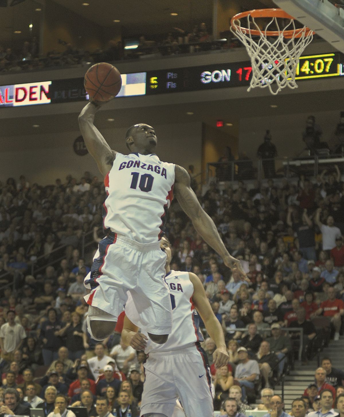Guy Landry Edi helped Gonzaga get off to a fast start with this dunk early in the first half against BYU. (Christopher Anderson)