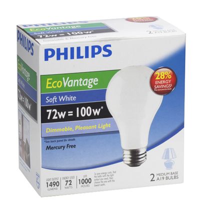 A Philips EcoVantage Soft White 72-watt bulb meets new federal standards that were supposed to kick in next month.