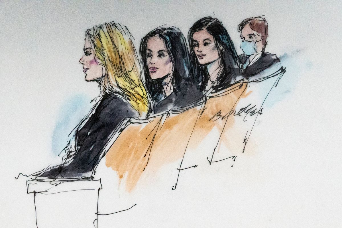 In this courtroom artist sketch, Khloe Kardashian, from left, Kim Kardashian, Kylie Jenner and Kris Jenner sit in court in Los Angeles, Tuesday, April 19, 2022. A jury has been seated in a trial that pits model and former reality television star Blac Chyna against the Kardashian family, who she alleges destroyed her TV career.  (Bill Robles)