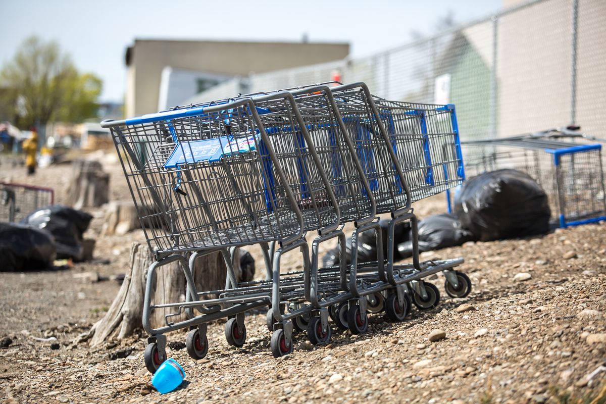 Abandoned shopping carts, the majority of which originated from the Sprague Avenue Walmart in Spokane Valley, are seen across the street in an alleyway off South Custer Road on Tuesday. The City of Spokane Valley is planning to address the issue of stolen shopping carts, potentially by passing an ordinance that would result in a per-cart fine against the business from which the wheeled wagons originated.  (Libby Kamrowski/ THE SPOKESMAN-REVIEW)