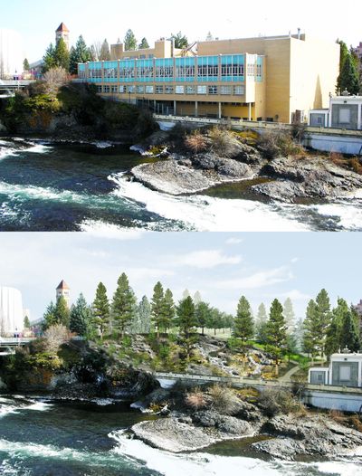 A pair of photographs showing the Riverfront Park YMCA building as it stands today and a conceptual image of what the site would look like post-demolition. (Courtesy of Spokane Park Board)