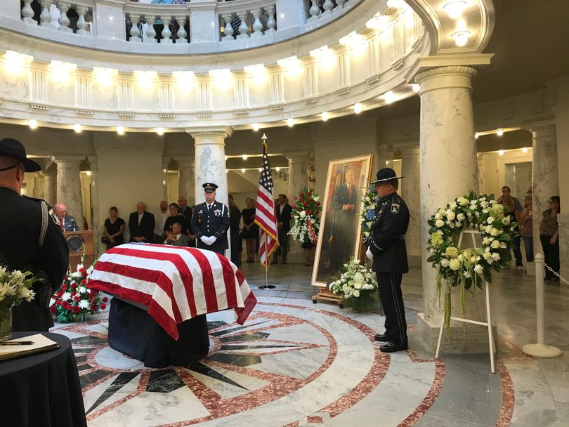 In a solemn ceremony on Wednesday, former Idaho Gov. Cecil Andrus was commemorated as his body lies in state in the Idaho Capitol rotunda; it will remain there until noon on Thursday. (Betsy Z. Russell)