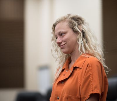Ashley Myers, who has a bail set for $1 million, walks to her hearing Monday, Oct. 1, 2018, at the Whitman County Superior Court in Colfax, Wash. She was arrested in connection to the shooting of a 55-year-old man. (Luke Hollister / Luke Hollister)