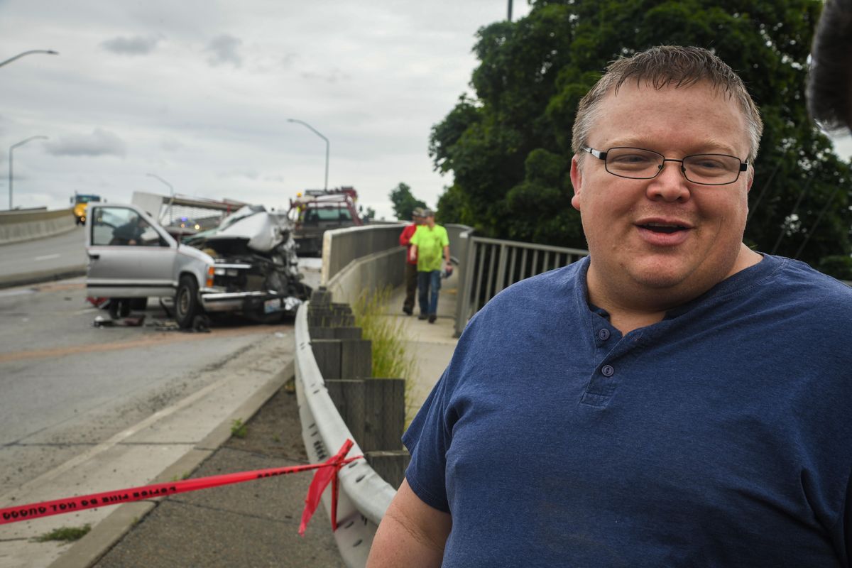 Ted Sanders was involved in a four-car collision on the Freya Way Bridge, Friday, June 21, 2019. Spokane police say 29-year-old Thandan M. Hammel was at fault, and faces a charge of vehicular assault and felony drug possession. (Dan Pelle / The Spokesman-Review)