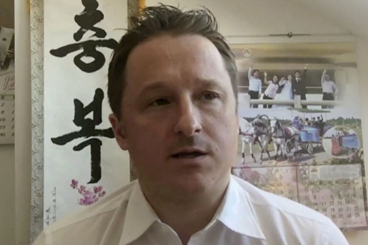 FILE - In this file image made from a March 2, 2017, video, Michael Spavor, director of Paektu Cultural Exchange, talks during a Skype interview in Yanji, China. The Canadian entrepreneur who was charged with spying after his government arrested an executive of Chinese tech giant Huawei faces a possible verdict Wednesday, Aug. 11, 2021 as Beijing steps up pressure on Canada ahead of a court ruling on whether to hand over the executive to face U.S. criminal charges. (STF)