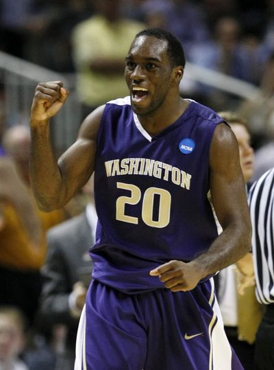Washington forward Quincy Pondexter celebrates after scoring in the second half of the Huskies' NCAA first-round basketball game against Marquette in San Jose, Calif., Thursday, March 18, 2010. Washington won the game 80-78. Pondexter hit the game-winning shot late in the second half.   (Marcio Jose Sanchez / The Associated Press)