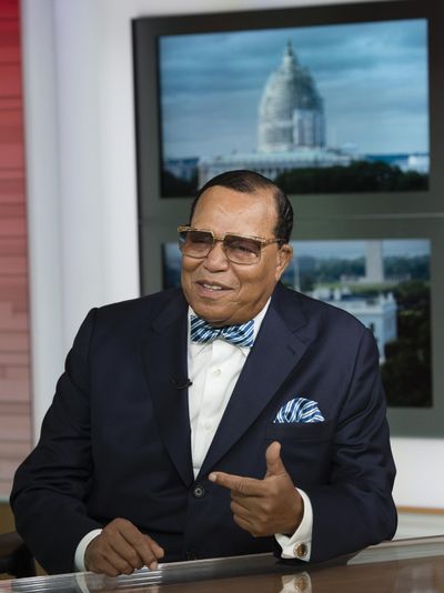 Louis Farrakhan is shown on the set of TV One’s News One Now discussing the 20th anniversary of the Million Man March on Sept. 10, 2015 in Washington, D.C. (Rodney Choice / AP Images for TV One)