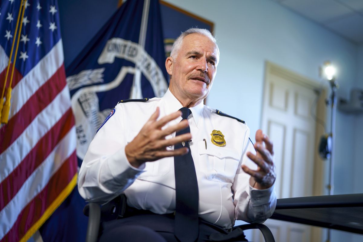 In this Monday, Sept. 27, 2021, photo U.S. Capitol Police Chief Tom Manger, who came to the job six months after the Jan. 6 insurrection and attack on the Capitol, answers questions during an interview with The Associated Press, at his office on Capitol Hill in Washington.  (J. Scott Applewhite)