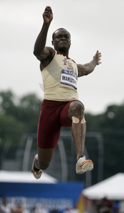 Florida State’s Ngonidzashe Makusha long jumped 27 feet, 6 3/4 inches before the event was postponed. (Associated Press)