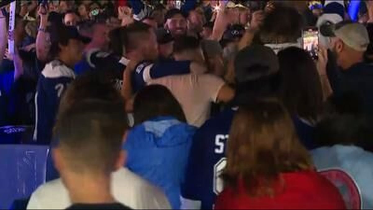 Fans celebrated outside of the Amalie Arena in Tampa, Florida on Wednesday night after the Tampa Bay Lightning won their second straight Stanley Cup title, defeating the Montreal Canadiens 1-0 and winning the NHL finals 4 games to 1. 