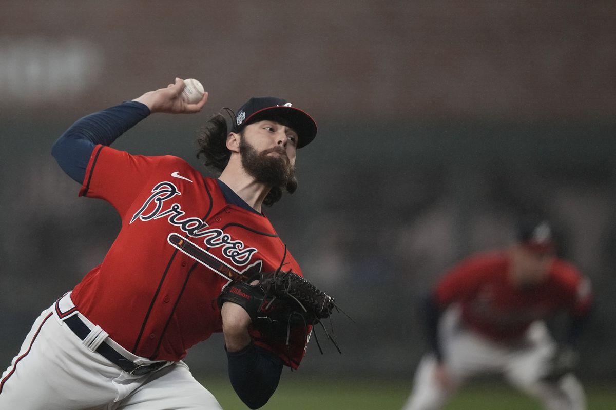 Atlanta’s Ian Anderson didn’t allow a hit in five innings pitched in Game 3 of the World Series Friday in Atlanta. (David J. Phillip)