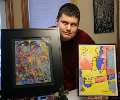 Diagnosed with autism spectrum disorder, James Frye has found his own form of communication through art. His piece, “Fractural Faces,” right, was accepted in Upstream People Gallery’s 13th Annual Faces Juried Online International Art Exhibit. (J. Bart Rayniak)