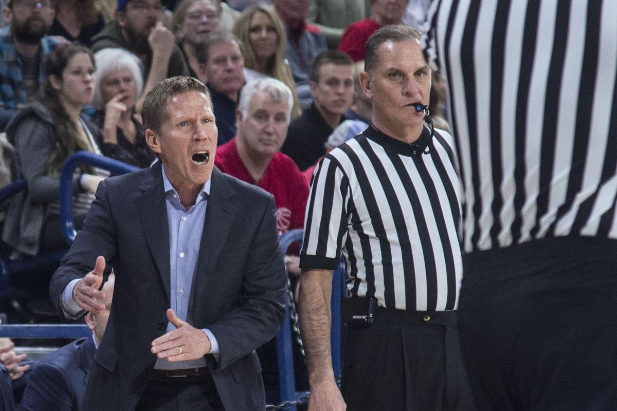 Gonzaga coach Mark Few reacts during an NCAA college basketball game against Saint Marys on Thursday, Jan. 18, 2018 at the McCarthey Athletic Center in Spokane. Saint Mary’s won the game 74-71. (Dan Pelle / The Spokesman-Review)