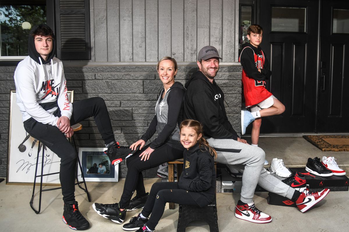 The Santangelo family, from left, Calvin, Cathy, Stella, Matt, and Luca, all wear Air Jordan shoes. (Dan Pelle / The Spokesman-Review)