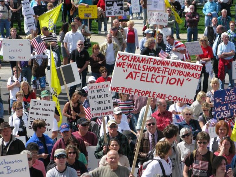 Participants in the Boise Tea Party rally on Thursday, on the Idaho Capitol steps (Betsy Russell)