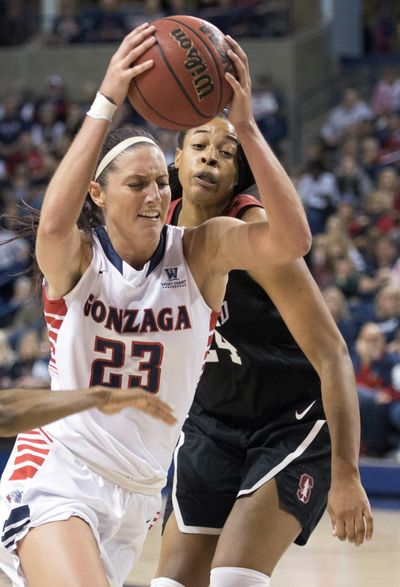 Gonzaga forward Kiara Kudron drives to the basket as Stanford forward Erica McCall defends during the second half on Sunday. GU coach Lisa Fortier said the Zags tried to do too much in second half. (Colin Mulvany / The Spokesman-Review)