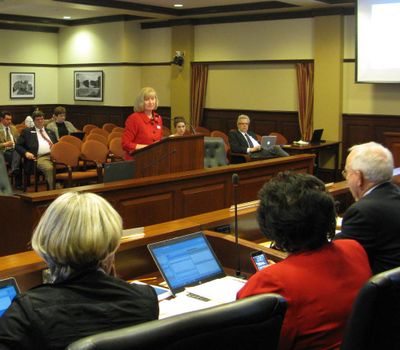 Sen. Mary Souza, R-Coeur d'Alene, pitches legislation changing Idaho school board elections to the Senate Education Committee on Monday; the panel rejected the bill. (Betsy Z. Russell)