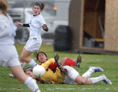 
Coeur d'Alene goalkeeper Amanda Wemple, bottom, gets thanled up with Boise's Miah Mollay after making a second-half save.
 (Jesse Tinsley / The Spokesman-Review)