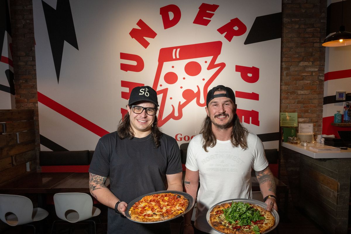 Thunder Pie Pizza is a new wood-fire pizza restaurant opening on Saturday across the street from the Historic Davenport Hotel. The three owners are Ramsey Pruchnic, left, Joel Barbour and Ben Poffenroth, not pictured.  (COLIN MULVANY/The Spokesman-Review)