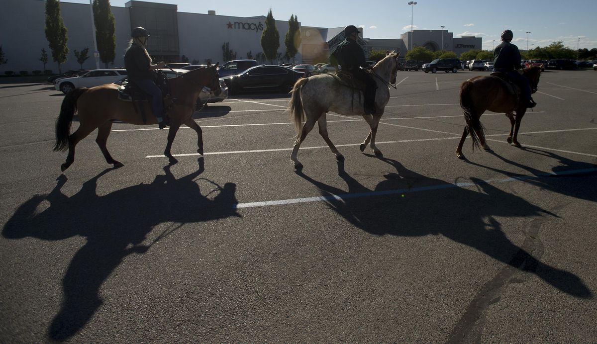 Members of SCOPE’s mounted patrol unit cast long shadows in the late afternoon sun as they set out on patrol on Thursday, July 14, 2016, at Spokane Valley Mall in Spokane Valley, Wash. (Tyler Tjomsland / The Spokesman-Review)