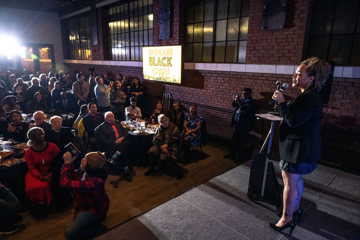 The Black Lens Editor Natasha Hill speaks to the crowd gathered at the relaunch party for The Black Lens newspaper Friday at The Steam Plant.  (COLIN MULVANY/THE SPOKESMAN-REVIEW)