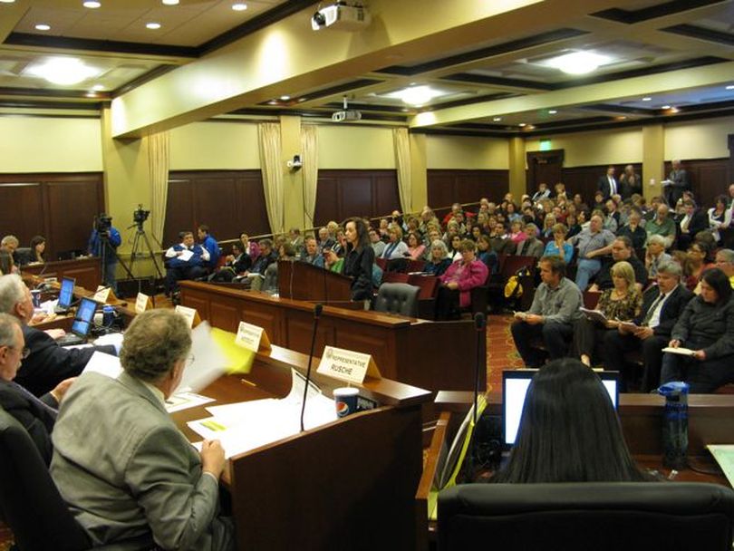 Vickie Garcia, speaking for three family members with disabilities and two clients who live in her home, opens testimony at Tuesday afternoon's heavily-attended public hearing on proposed cuts in Medicaid. (Betsy Russell)