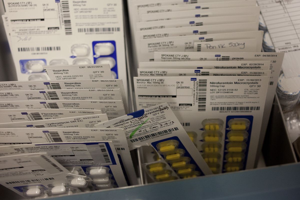 Drugs used to treat inmates are seen July 3 at Spokane County Jail in Spokane. (Tyler Tjomsland)