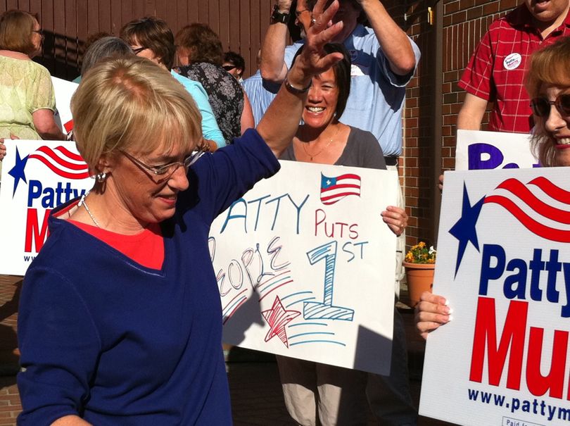 U.S. Sen. Patty Murray waves after speaking to a crowd of about 200 supporters at the West Central Community Center in Spokane on Thursday, Aug. 19, 2010. On Tuesday, Murray came in first in her race in the Washington's primary. She faces Repubilcan Dino Rossi, who placed second in the election. (Jonathan Brunt / Spokesman-Review)