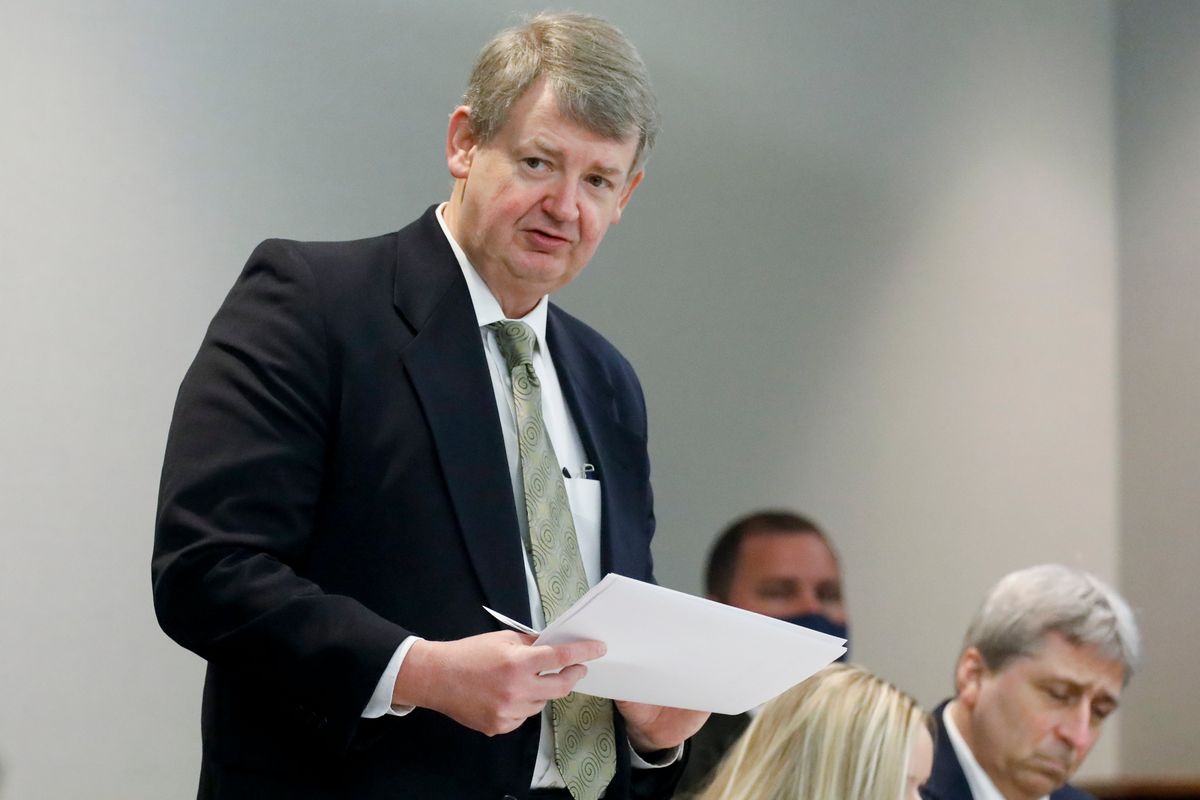 Defense attorney Kevin Gough speaks during the trial of Greg McMichael and his son, Travis McMichael, and a neighbor, William "Roddie" Bryan at the Glynn County Courthouse, Friday, Nov. 19, 2021, in Brunswick, Ga. The three are charged with the February 2020 slaying of 25-year-old Ahmaud Arbery.  (OCTAVIO JONES)