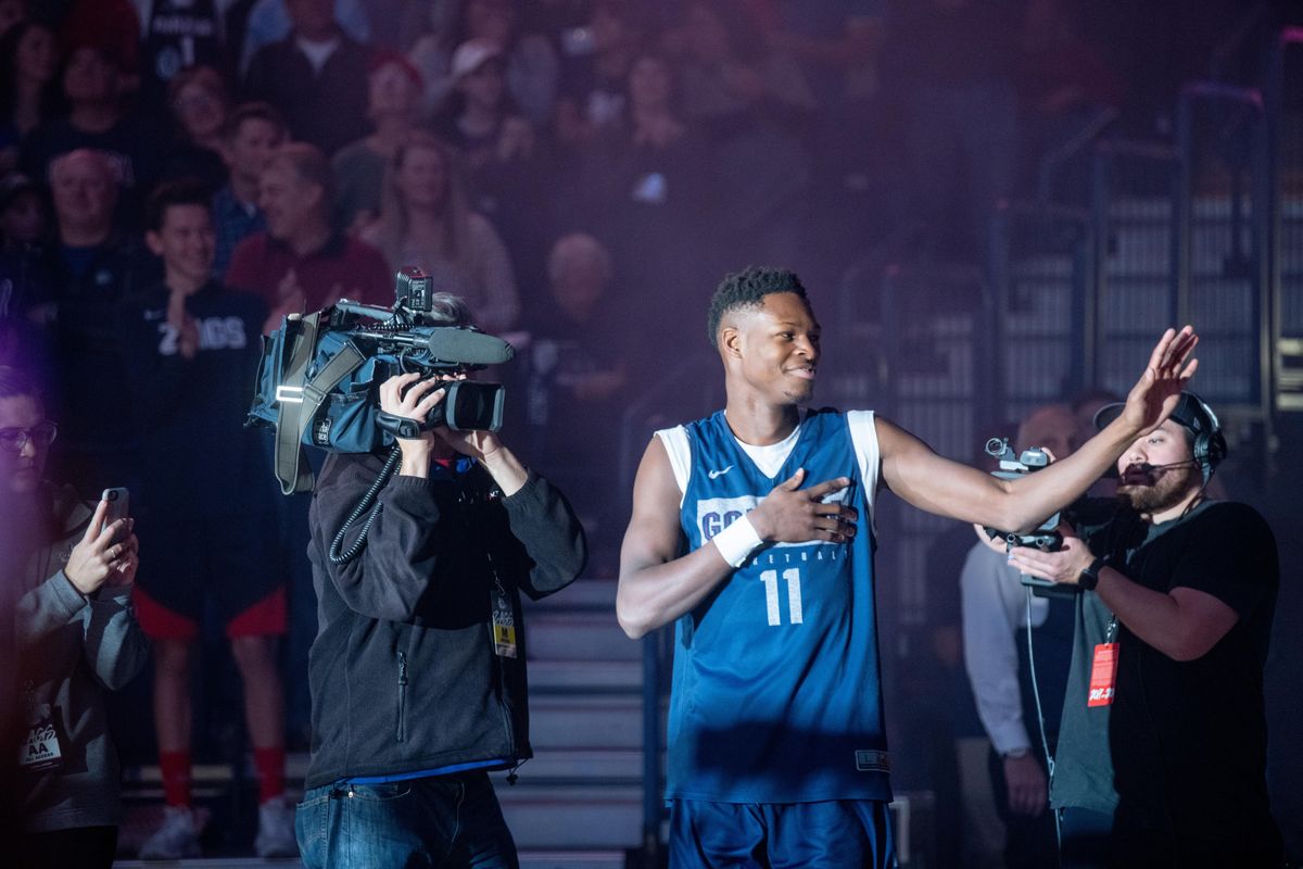 Joel Ayayi is introduced Saturday, Oct. 5, 2019 at Kraziness in the Kennel at Gonzaga University. The annual fan festival for the Gonzaga Bulldogs was standing room only. (Jesse Tinsley / The Spokesman-Review)