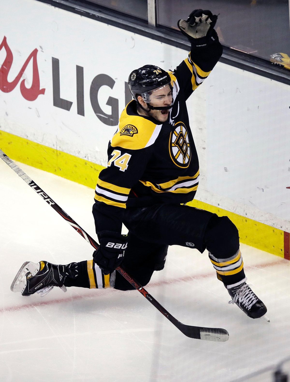 Boston Bruins left wing Jake DeBrusk celebrates after his goal against Toronto Maple Leafs goaltender Frederik Andersen during the first period of Game 7 of an NHL hockey first-round playoff series in Boston, Wednesday, April 25, 2018. (Charles Krupa / Associated Press)