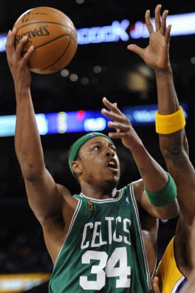 
Associated Press Boston Celtics' Paul Pierce shoots against the Los Angeles Lakers during Game 4 on Thursday.
 (Associated Press / The Spokesman-Review)