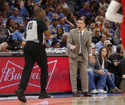 In this April 7, 2019,  photo, Sacramento Kings head coach David Joerger, right, reacts to a call as referee Leroy Richardson runs down court during the second half of an NBA basketball game, in Sacramento, Calif. The Sacramento Kings have fired coach Dave Joerger after three losing seasons. The team announced the decision Thursday, April 11, 2019, one day after finishing its 13th straight losing season _ the NBA’s longest active playoff drought. (Rich Pedroncelli / Associated Press)