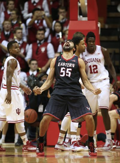Venky Jois celebrates after Eastern shocks Indiana at Assembly Hall in late November. (Associated Press)