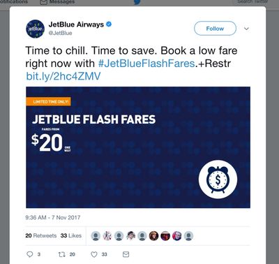 JetBlue Airways launched a flash sale, advertising $20 fares, as seen on a recent Twitter feed. Industry experts say such sales are less common now that mergers and acquisitions have put control of more than 70 percent  of U.S. domestic flights in the hands of four carriers. (Tribune News Service)