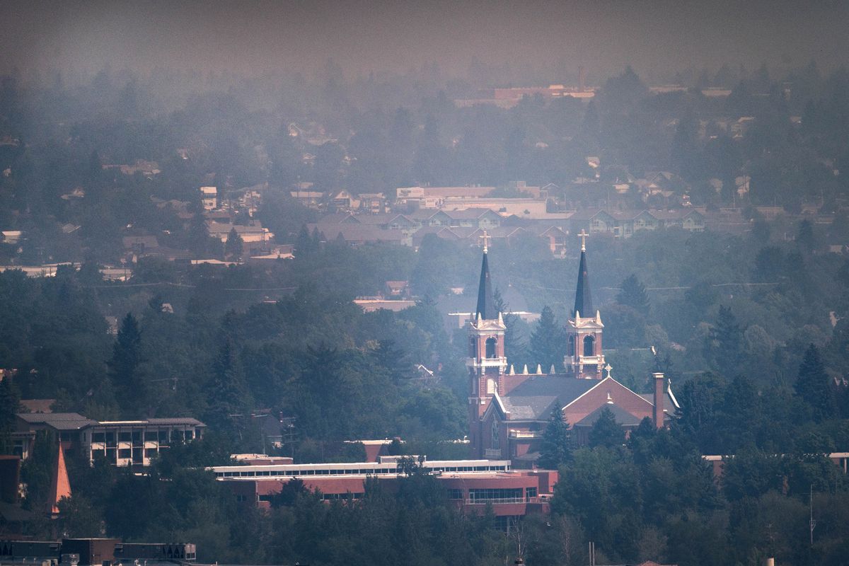 St. Aloysius Church on the campus of Gonzaga University is blanketed in smoke from area wildfires, Saturday, July 10, 2021.  (COLIN MULVANY/THE SPOKESMAN-REVI)