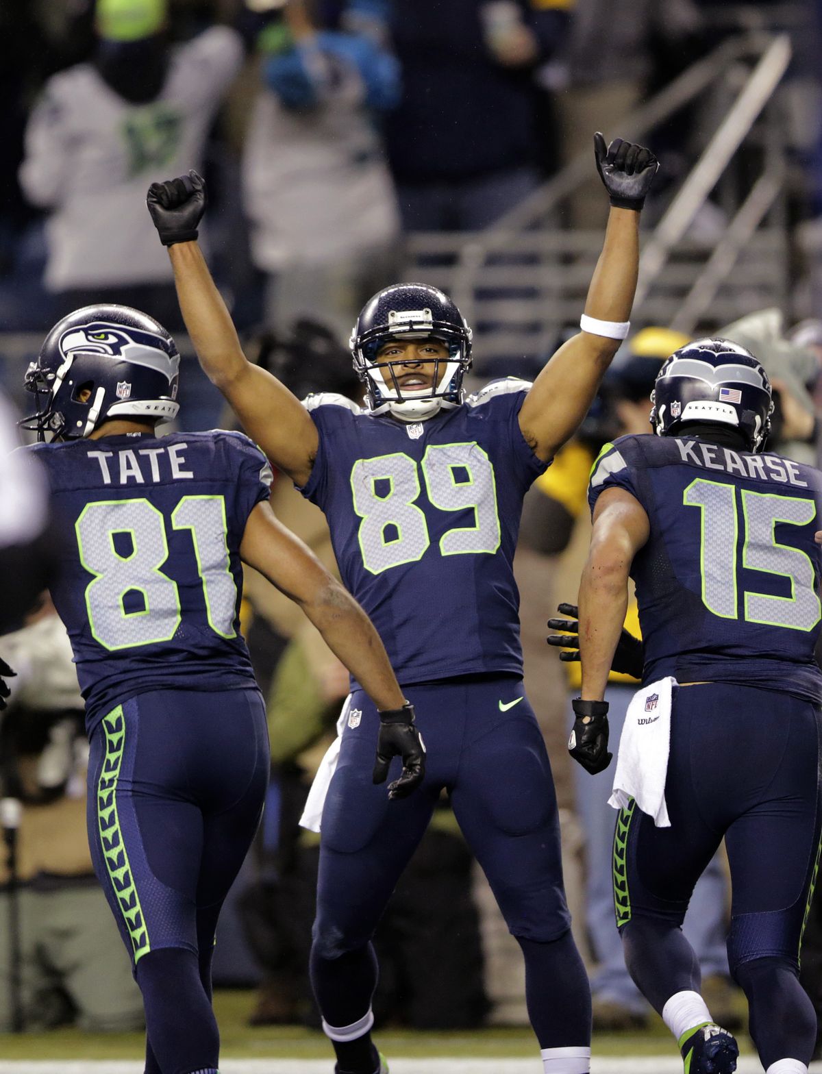 Seahawks receiver Doug Baldwin celebrates after scoring a touchdown on a 4-yard pass from Russell Wilson in the first half. (Associated Press)