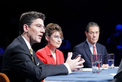 
From left, independent Andrew Halcro, Republican Sarah Palin and Democrat Tony Knowles debate Thursday in Anchorage. 
 (Associated Press / The Spokesman-Review)