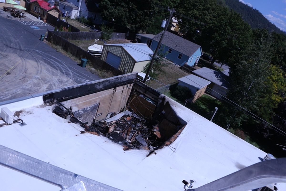 Coeur d'Alene Fire Department shows photo of burned roof from Midtown Coeur d'Alene strip mall fire Wednesday.